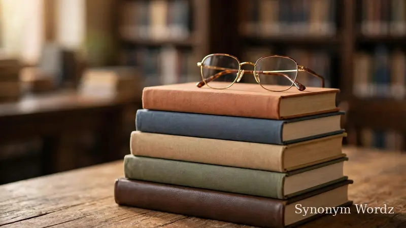 Stack of books with reading glasses on a wooden desk, calm library mood