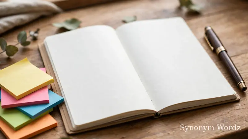 Open notebook with sticky notes and a pen on a writer's desk, brainstorming word alternatives