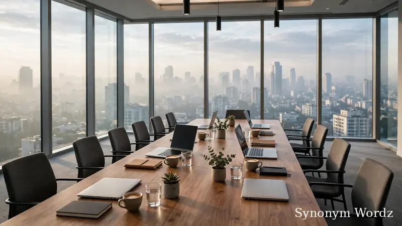 Modern glass conference room with a long meeting table set for a professional business session