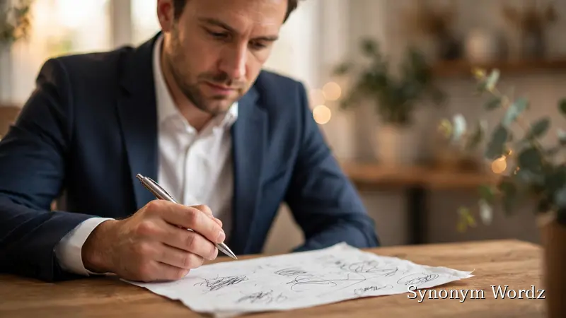 Businessperson carefully reviewing a thank-you note at a desk before sending it