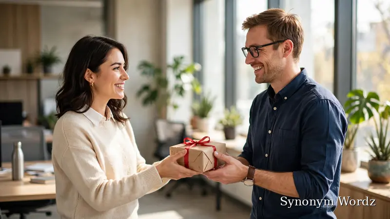 Two colleagues exchanging a ribbon-wrapped gift in a bright modern office