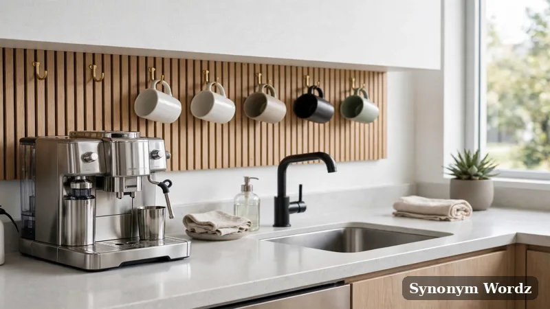 A clean shared office kitchen with tidy counters, mugs and a sink area