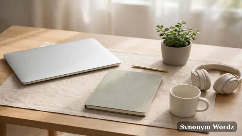 A tidy shared workspace with a clean desk, laptop and notebook neatly arranged