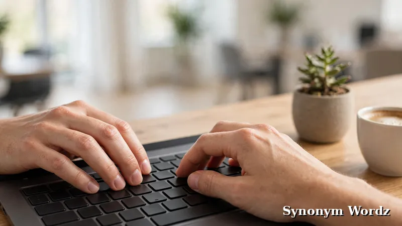 Hands typing a thank-you email on a laptop in a bright office