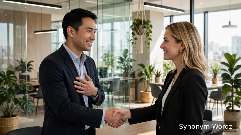 Two colleagues shaking hands and smiling after a productive meeting