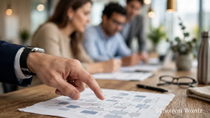 Manager guiding a team around a conference table in a bright modern office
