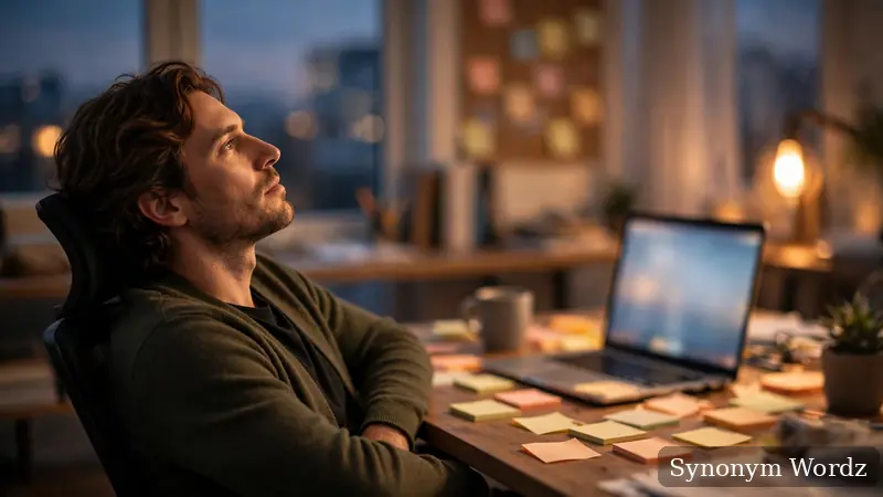 Professional rethinking a draft email at a softly lit office desk at dusk