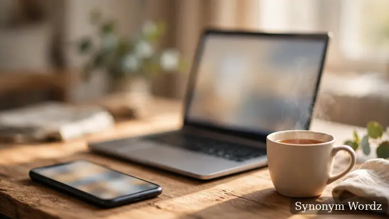 Smartphone and laptop showing a blurred email inbox on a wooden desk in morning light