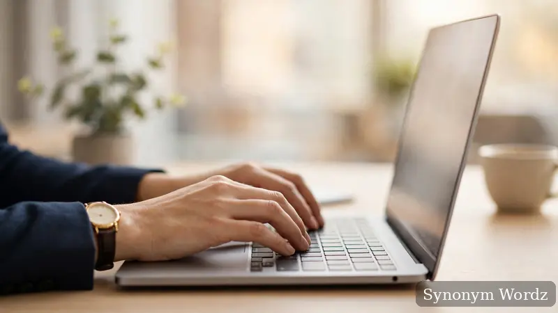 Professional hands typing an email on a laptop at a bright modern office desk