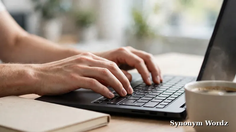 Hands typing an email on a laptop in a bright office