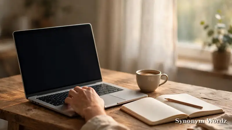 Open laptop on a wooden desk with a notebook and coffee cup, writing a professional business email in the morning