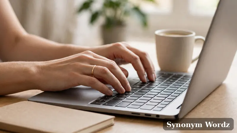 Hands typing a polite professional email on a laptop in a bright office