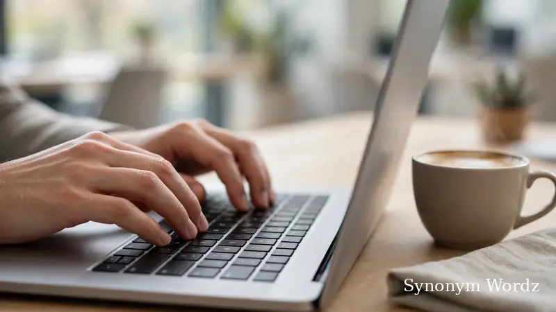 Hands typing a professional business email on a laptop in a bright office