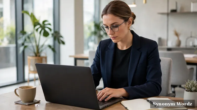 Professional writing a business email on a laptop in a bright modern office