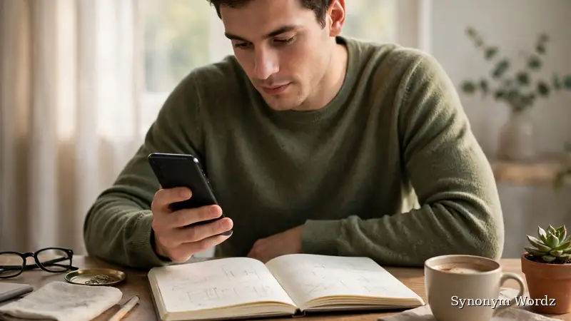 Person checking a smartphone at an organized desk