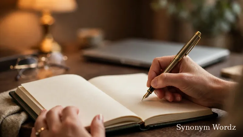 Person writing a professional email by hand with a fountain pen on an elegant office desk