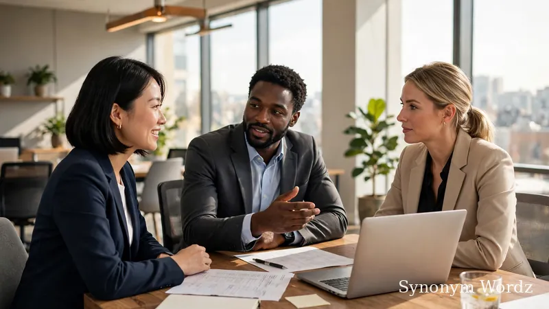 Professionals discussing polite alternatives to formal requests in a bright modern office meeting
