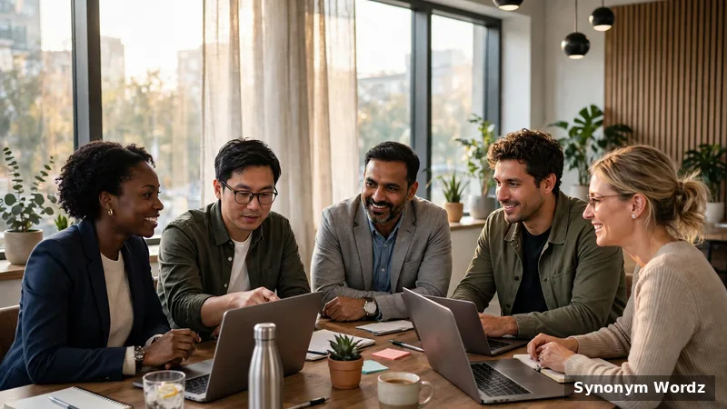 A diverse group of colleagues talking together in a bright inclusive office