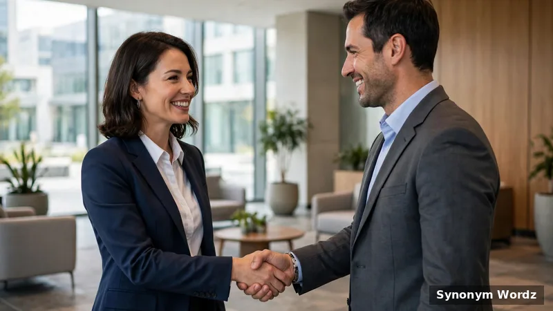 Two professionals greeting each other warmly with a handshake in a modern office