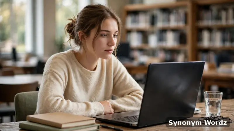 Thoughtful student reviewing email etiquette notes on a laptop in a quiet university library study area