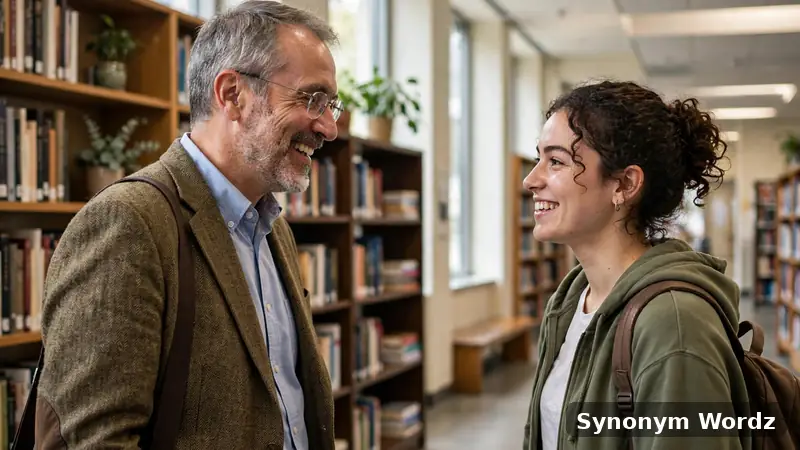 University professor smiling and talking warmly with a student in a bright campus hallway