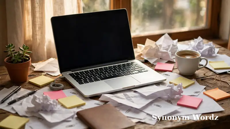 Cluttered home office desk with laptop, papers and sticky notes representing common email mistakes