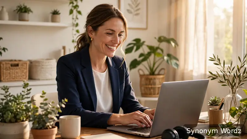 Smiling businesswoman typing on a laptop in a bright home office, illustrating friendly email closings