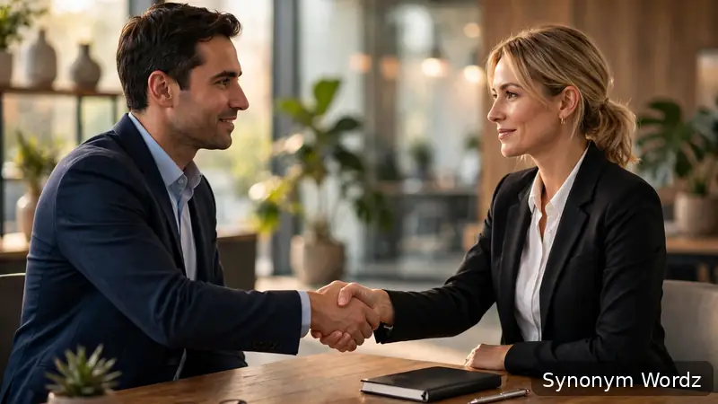 Two professionals shaking hands in a modern office, illustrating formal email sign-offs