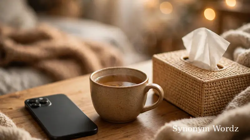 Smartphone, hot tea, and tissues on a desk, suggesting a sick day at home and a message to your boss