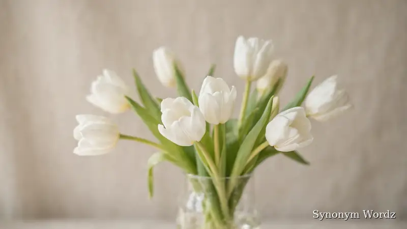 Soft white tulips in a glass vase, a reminder of what to avoid in condolence messages