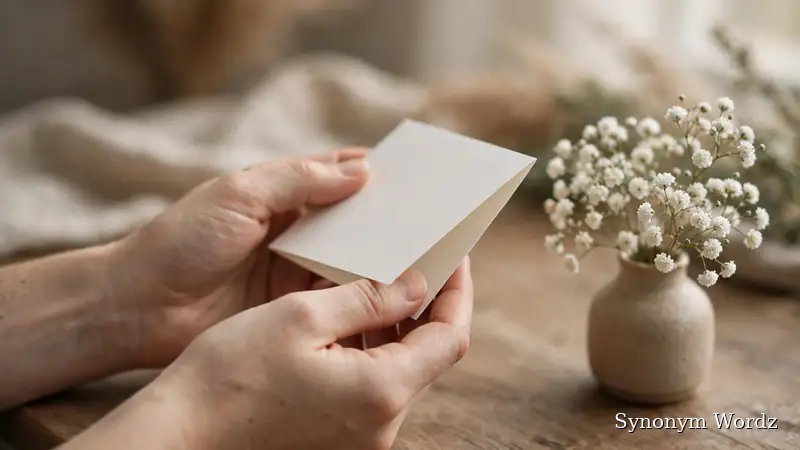 Hands holding a sympathy card beside soft white flowers, showing how to write a professional condolence message