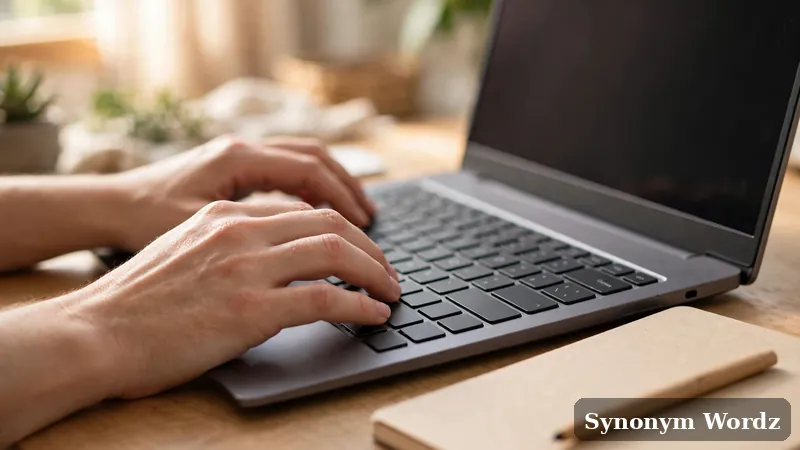 Hands typing a professional email asking for advice on a laptop in a bright office