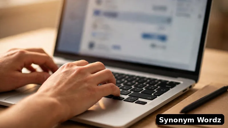 Hands typing a polite business email on a laptop at a tidy desk