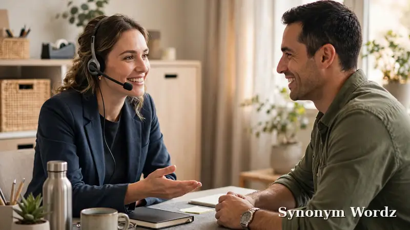 Customer service representative politely asking a happy customer for feedback