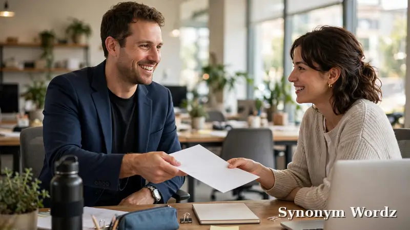 Manager sharing a feedback form with a colleague in a bright office