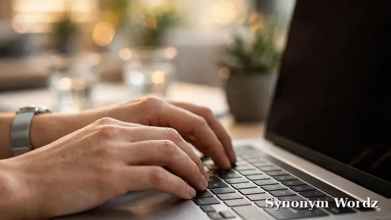 Professional typing a polite email requesting feedback on a laptop