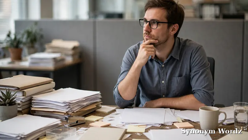 Office worker reviewing paperwork at a cluttered desk