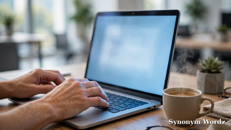 Hands typing a professional email on a laptop in a modern office