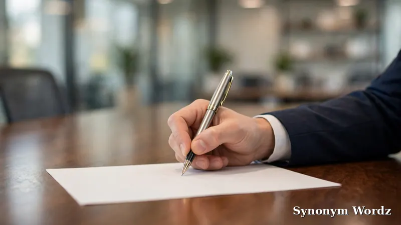 Professional hand signing a business document with an elegant pen on a wooden conference table