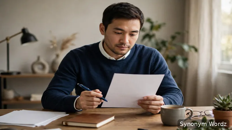 A professional reviewing a printed letter at a desk before sending it
