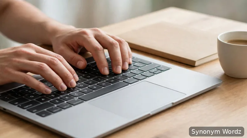 Hands typing a professional email on a laptop keyboard beside a notebook and coffee cup
