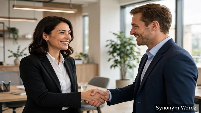 Two business colleagues smiling and shaking hands in a bright modern office