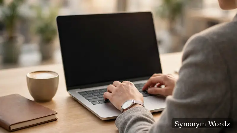 A professional typing a workplace email on a laptop at a clean office desk with a coffee cup nearby