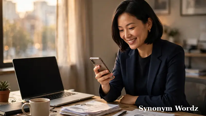Professional smiling while reading a message on her smartphone at an office desk