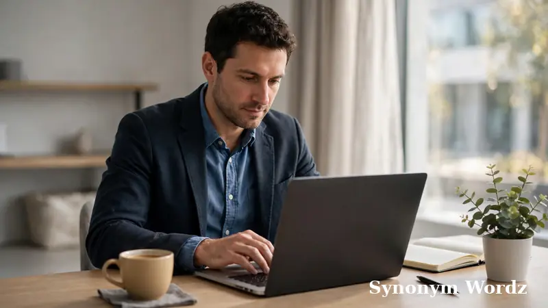 Business professional writing synonyms for excited to see you on a laptop in a bright office