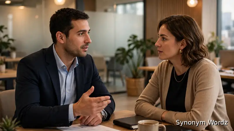 An account manager discussing project details with a client in a modern office