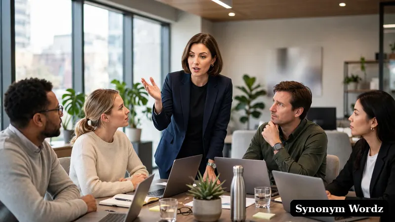 A professional presenting project updates to colleagues in a modern meeting room