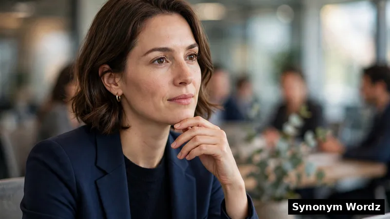 A thoughtful professional pausing before speaking during a team discussion in an office