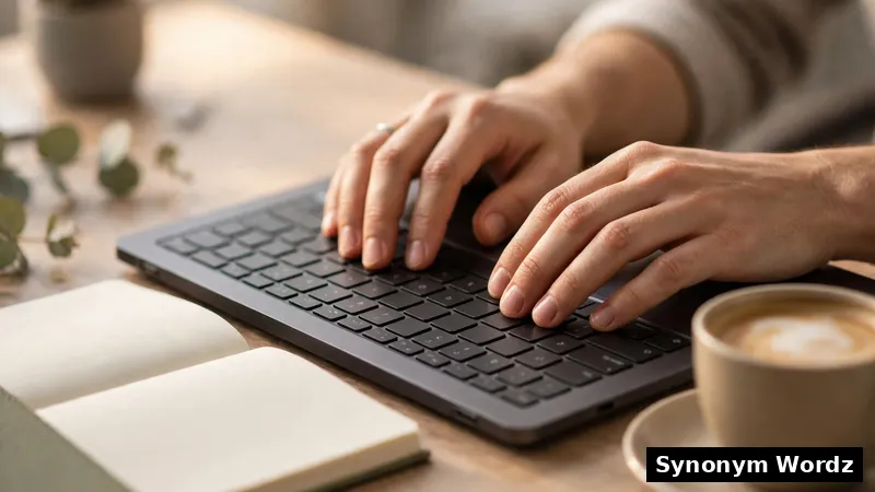 Hands typing a professional email on a laptop at a tidy office desk