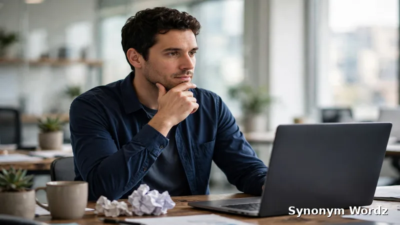A professional pausing thoughtfully before sending an email on a laptop in a bright office
